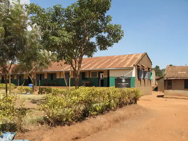 A school compound with classroom blocks, trees and a dirt track